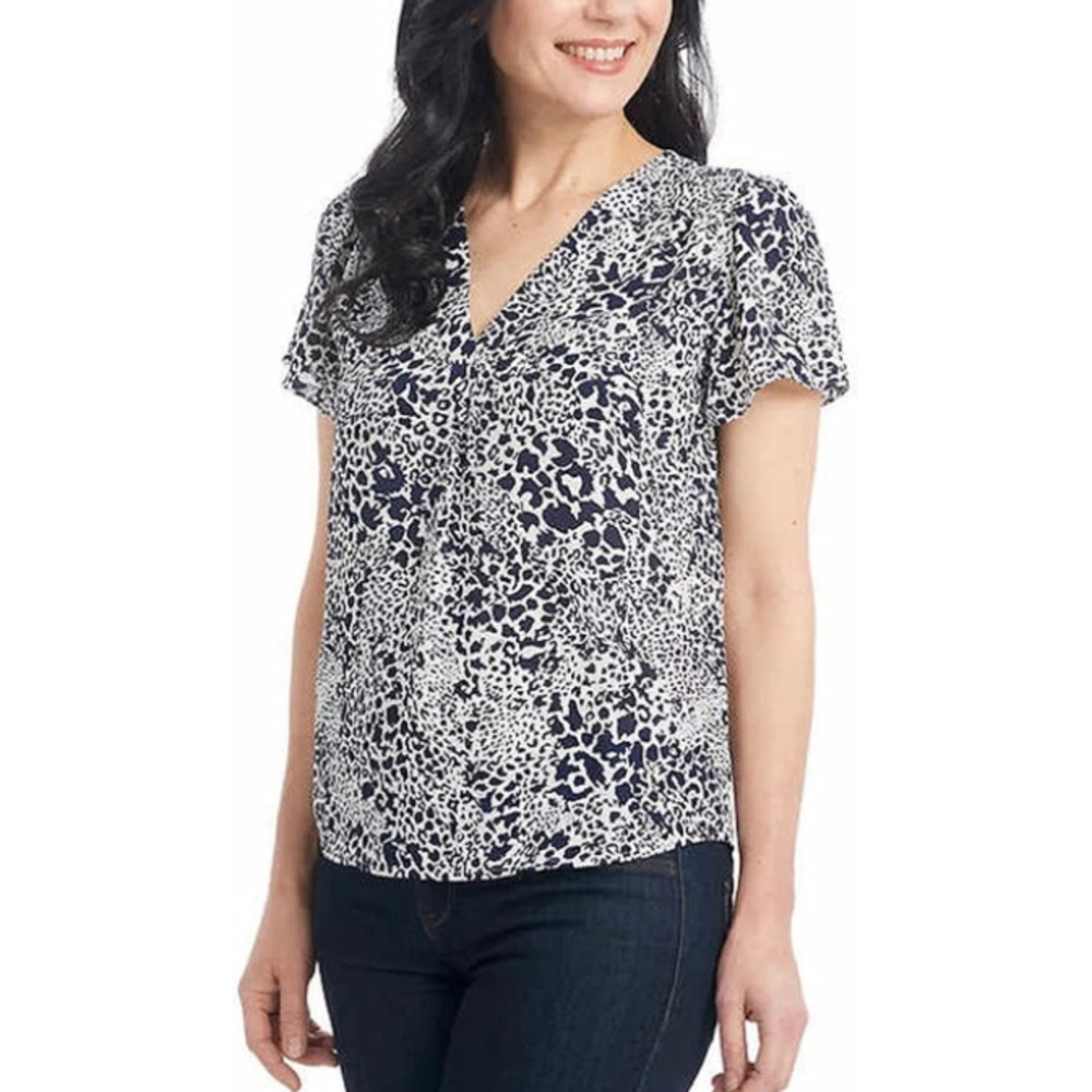Hilary Radley Ladies Animal Printed Blouse Short Sleeve V-Neck, M